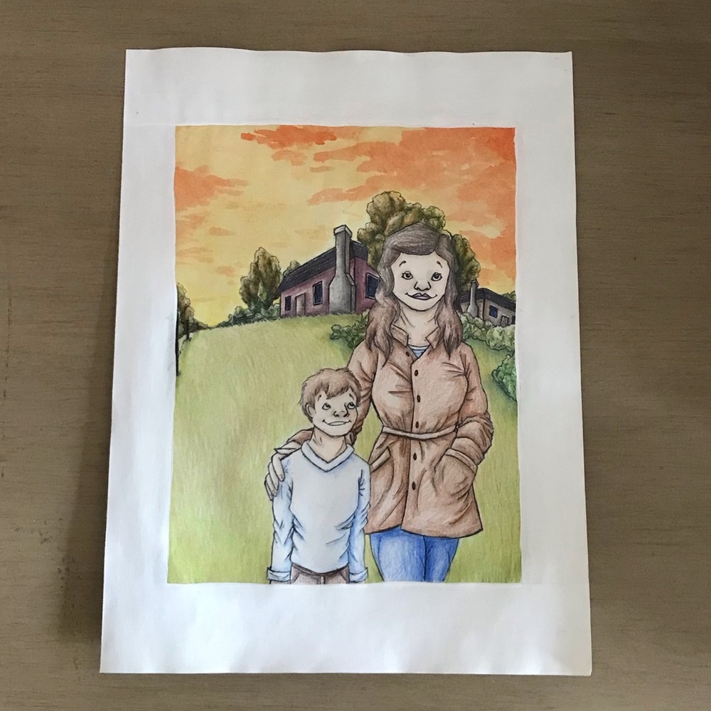 Brother and sister (5) - mixed media original character landscape portrait.